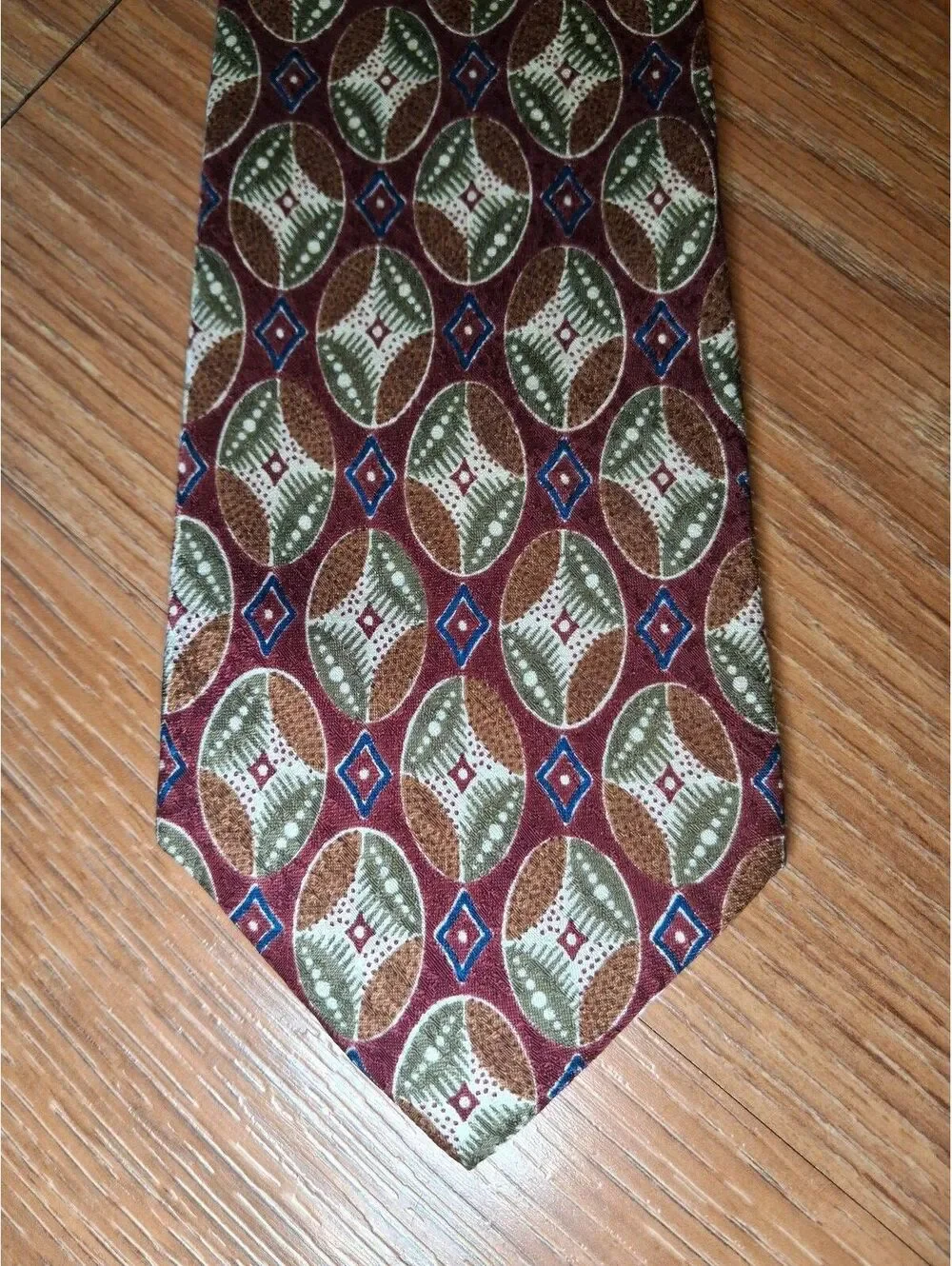 VINTAGE Burberry Silk Tie Red Multicolor Geometric Handmade